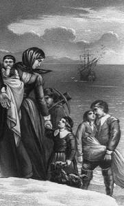 Detail of The Landing of the Pilgrims at Plymouth, Mass. Dec. 22nd 1620, lithograph by Currier & Ives. Library of Congress Prints and Photographs Division.